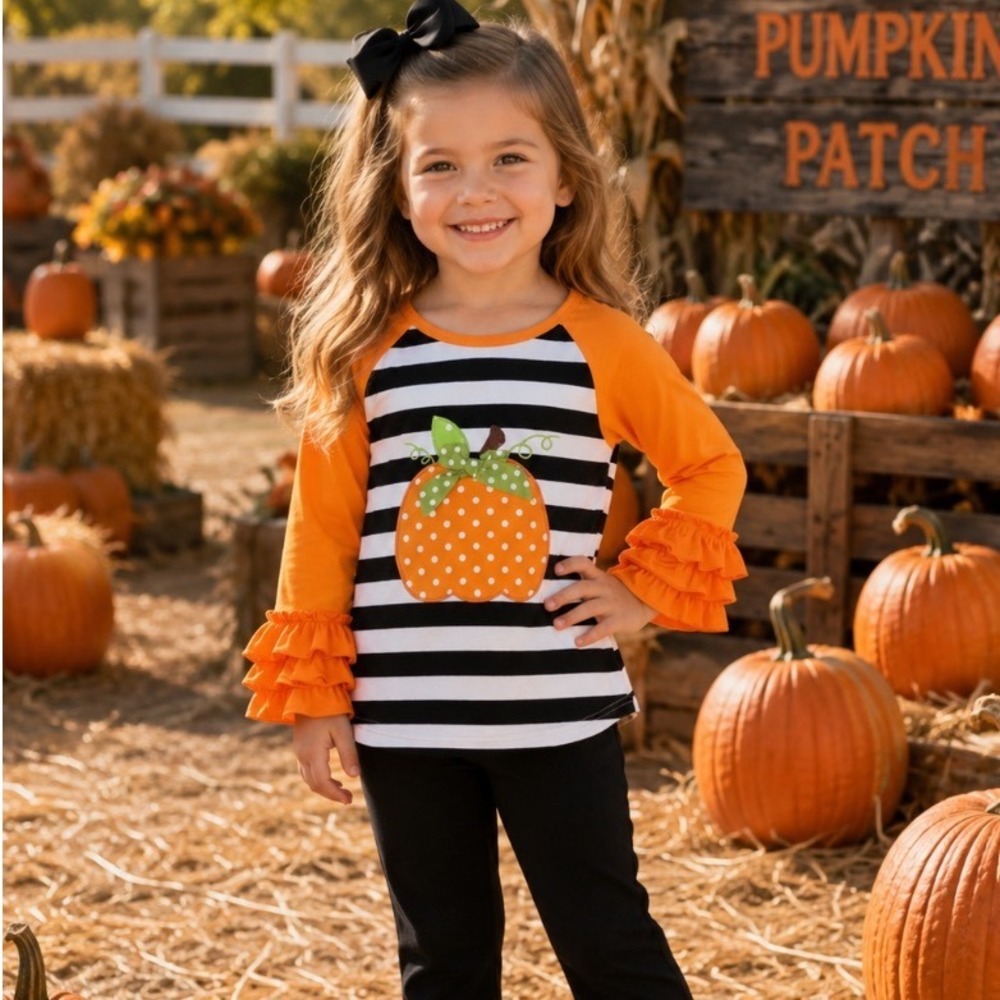 Girls‎ pumpkin shirt Sz med  appliqué Bow Ruffle Halloween Fall